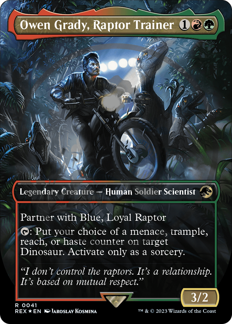 mtg raptor cards Owen Grady, Raptor Trainer Emblem (Borderless) [Jurassic World Collect –  Dungeons & Javas