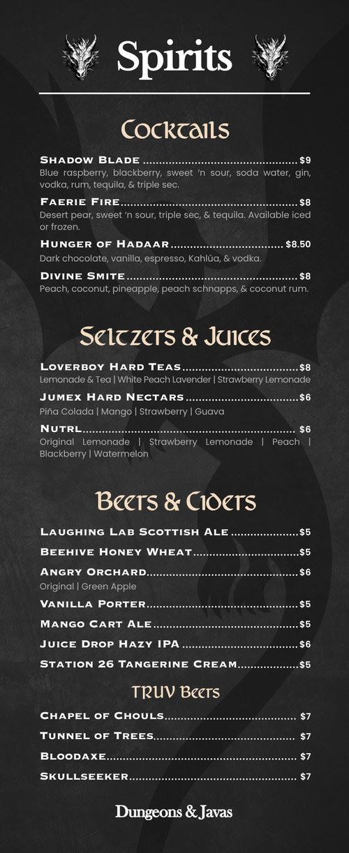 Spirits Menu